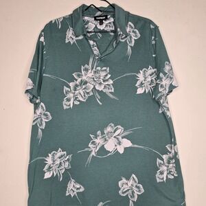 Express Mens XL Teal Green Tropical Floral Print Cotton Modal Polo Shirt 02024